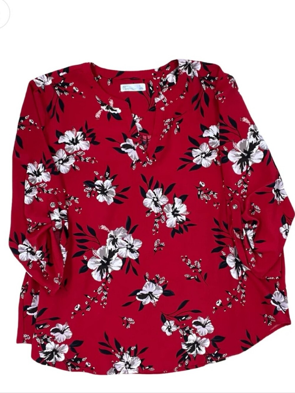 85th & Madison Red Floral V-Neck 3/4 Sleeves Blouse Size Medium Nwot